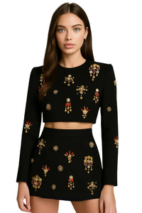 Thumbnail for Black rhinestone embroidered top and skirt set on a model against a white background