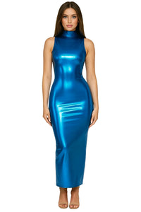 Thumbnail for Woman wearing a blue metallic dress on a white background