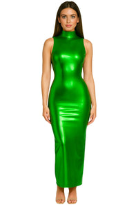 Thumbnail for Woman wearing a green metallic dress on a white background