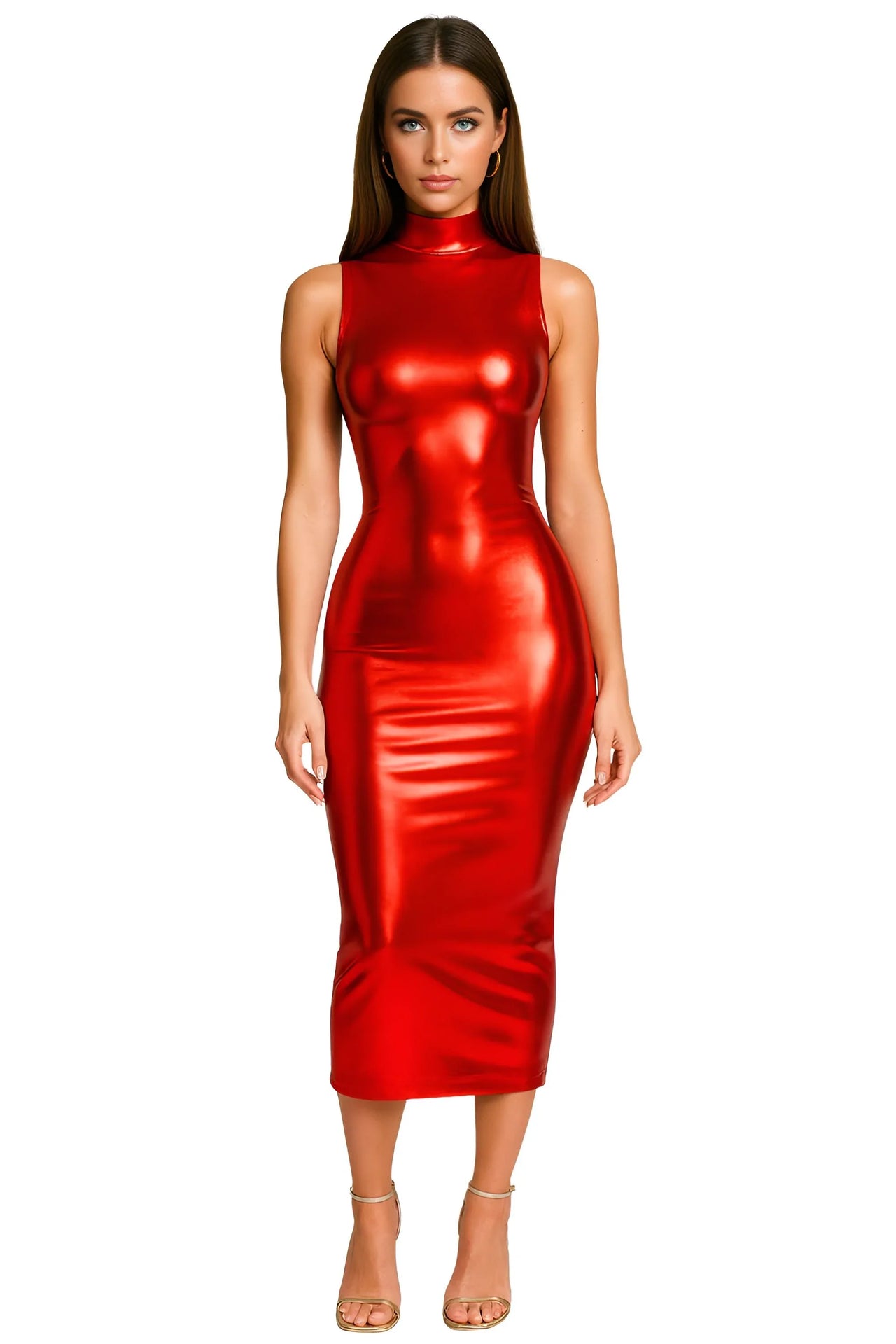 Woman wearing a red metallic dress on a white background