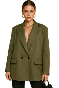 Thumbnail for Woman wearing an olive green oversized blazer on a white background