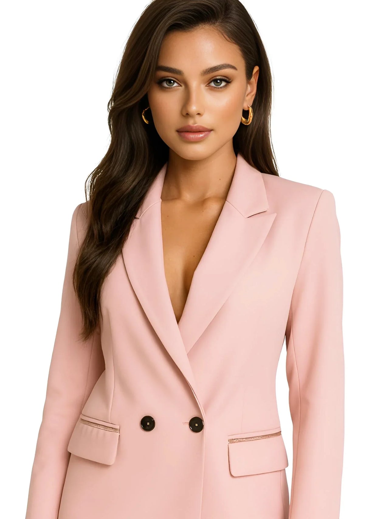 Woman wearing a pink blazer on a white background