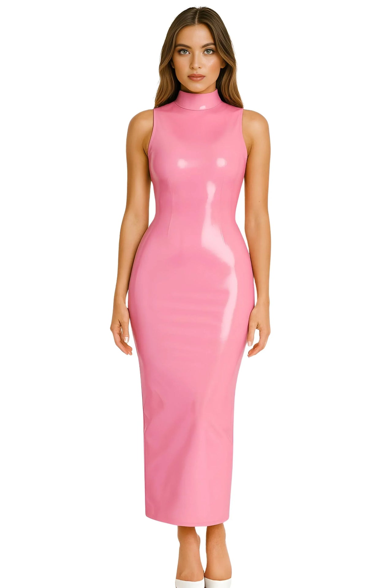 Woman wearing a pink vinyl dress on a white background