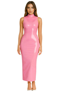 Thumbnail for Woman wearing a pink vinyl dress on a white background