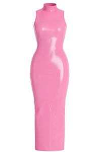 Thumbnail for Pink leather dress with a high neckline on a white background