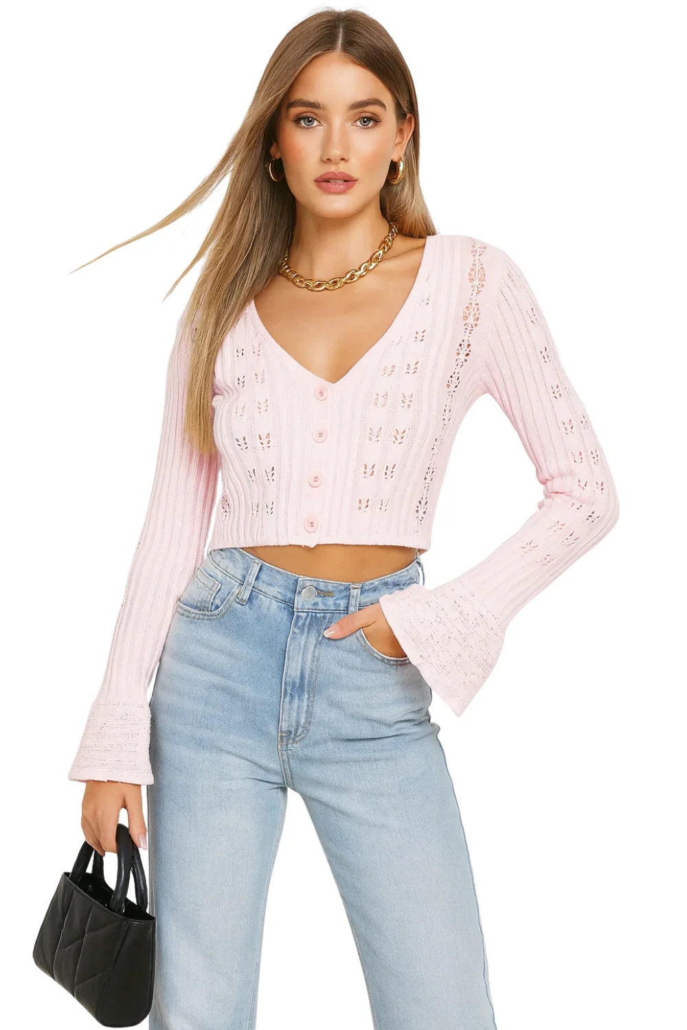 Women's Long Flare-Sleeve Cardigan V Neck Short Sweater Top Hollow Knitted Cardigan