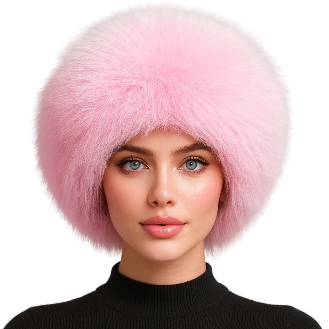 Woman wearing a pink fur hat on a white background