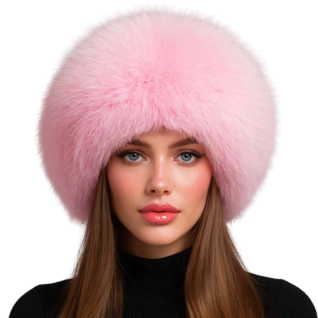Woman wearing a pink fur hat on a white background