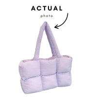 Thumbnail for Purple quilted tote bag on a white background with 'Actual photo' text and arrow.