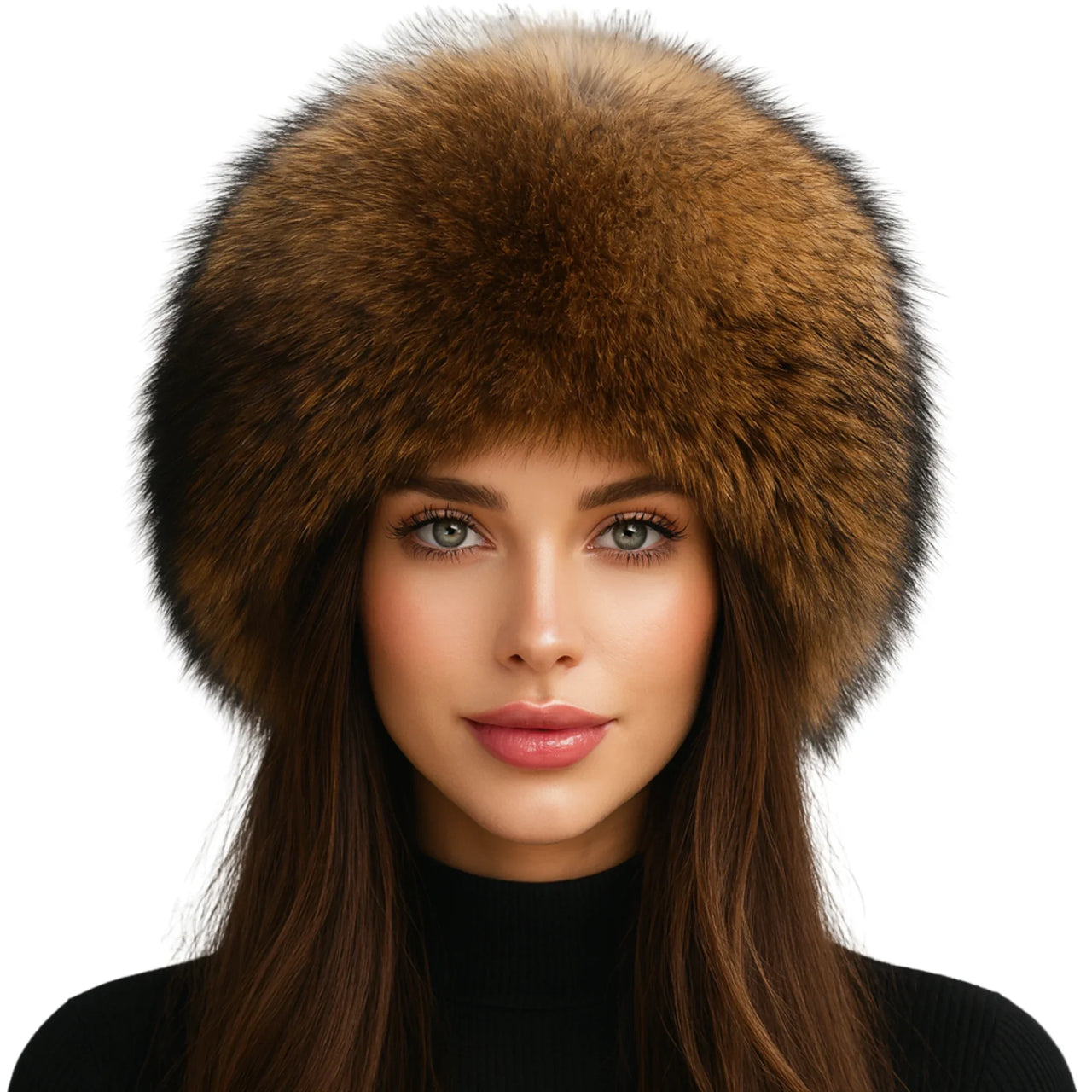 Woman wearing a brown fur hat on a white background
