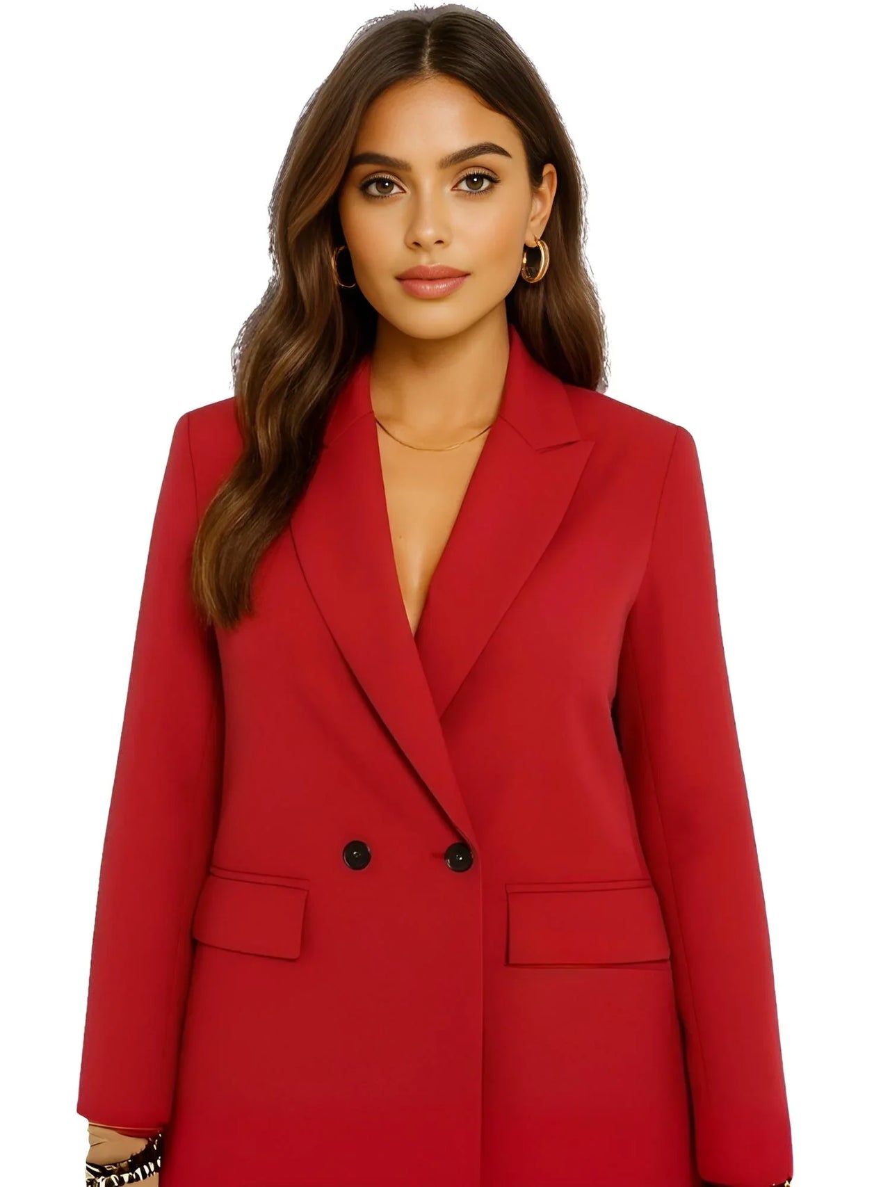 Woman wearing a red blazer on a white background