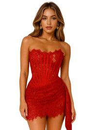 Thumbnail for Woman wearing a red lace strapless mini dress on a white background
