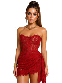 Thumbnail for Woman wearing a red lace strapless dress on a white background