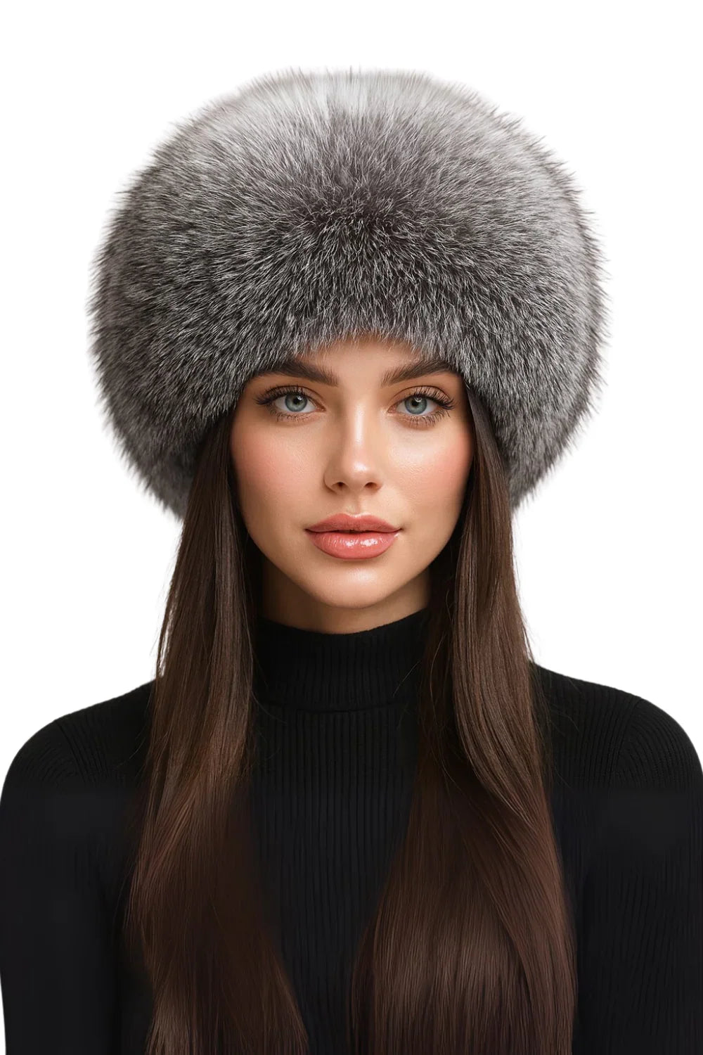 Woman wearing a silver fox fur hat on a white background
