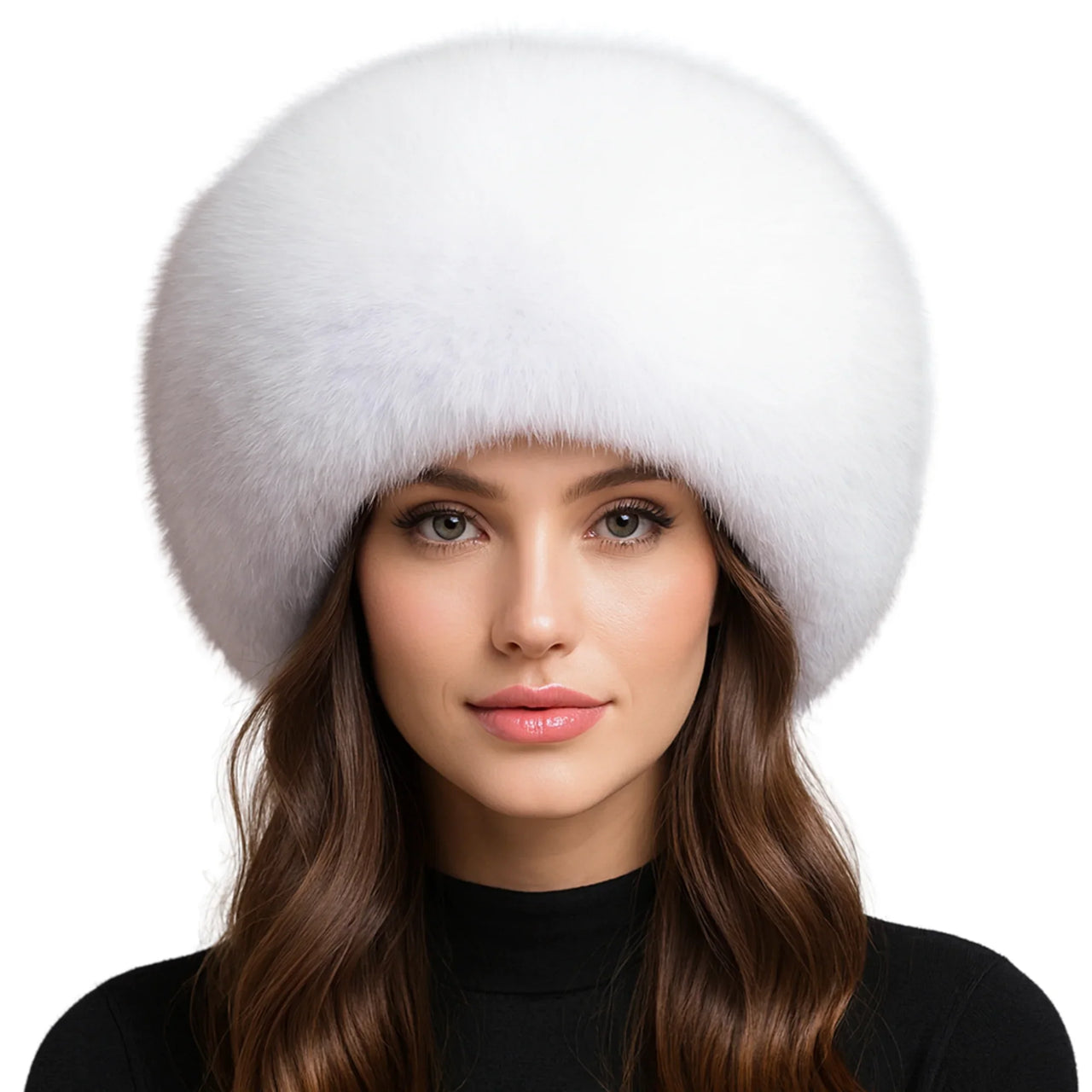Woman wearing a natural white fox fur hat on a white background