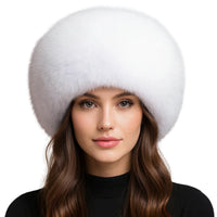 Thumbnail for Woman wearing a natural white fox fur hat on a white background