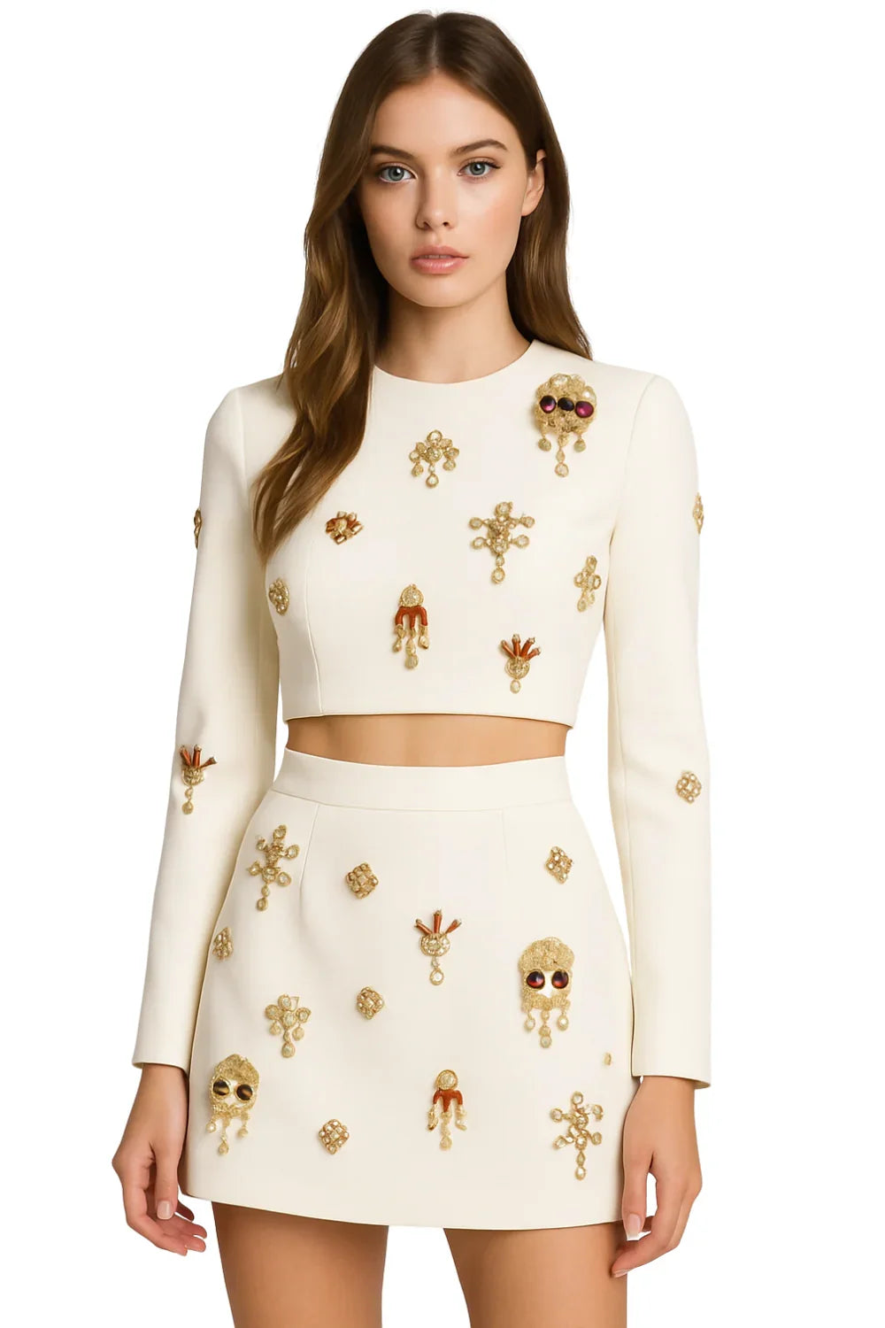 White Gold rhinestone embroidered top and skirt set on a model against a white background