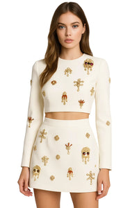 Thumbnail for White Gold rhinestone embroidered top and skirt set on a model against a white background