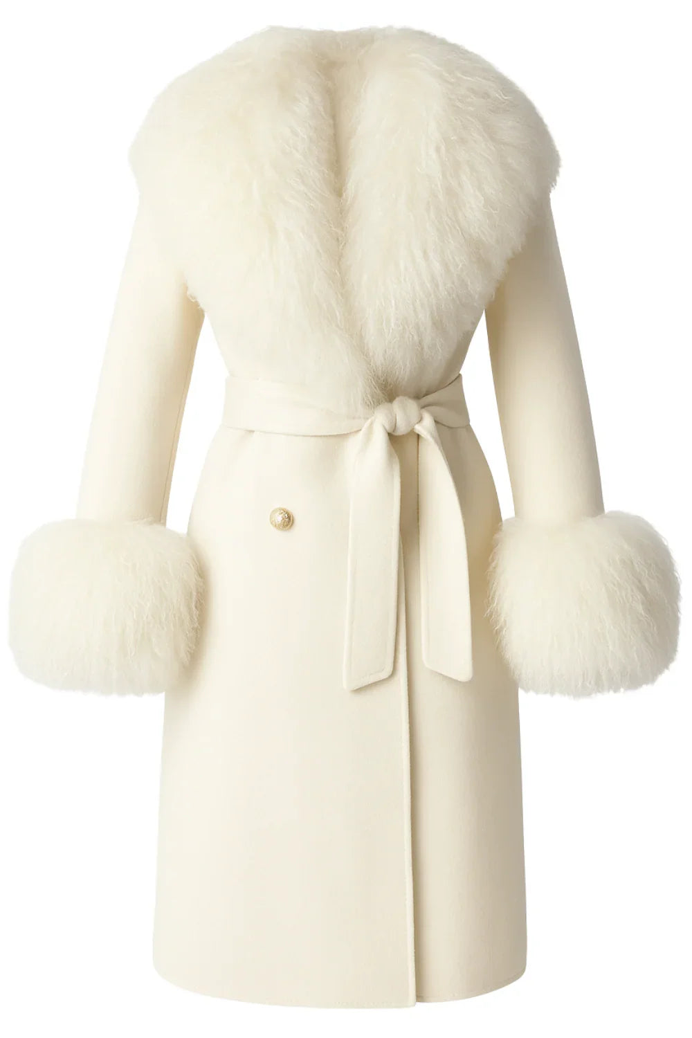 White wool and cashmere coat with fur trim on a white background