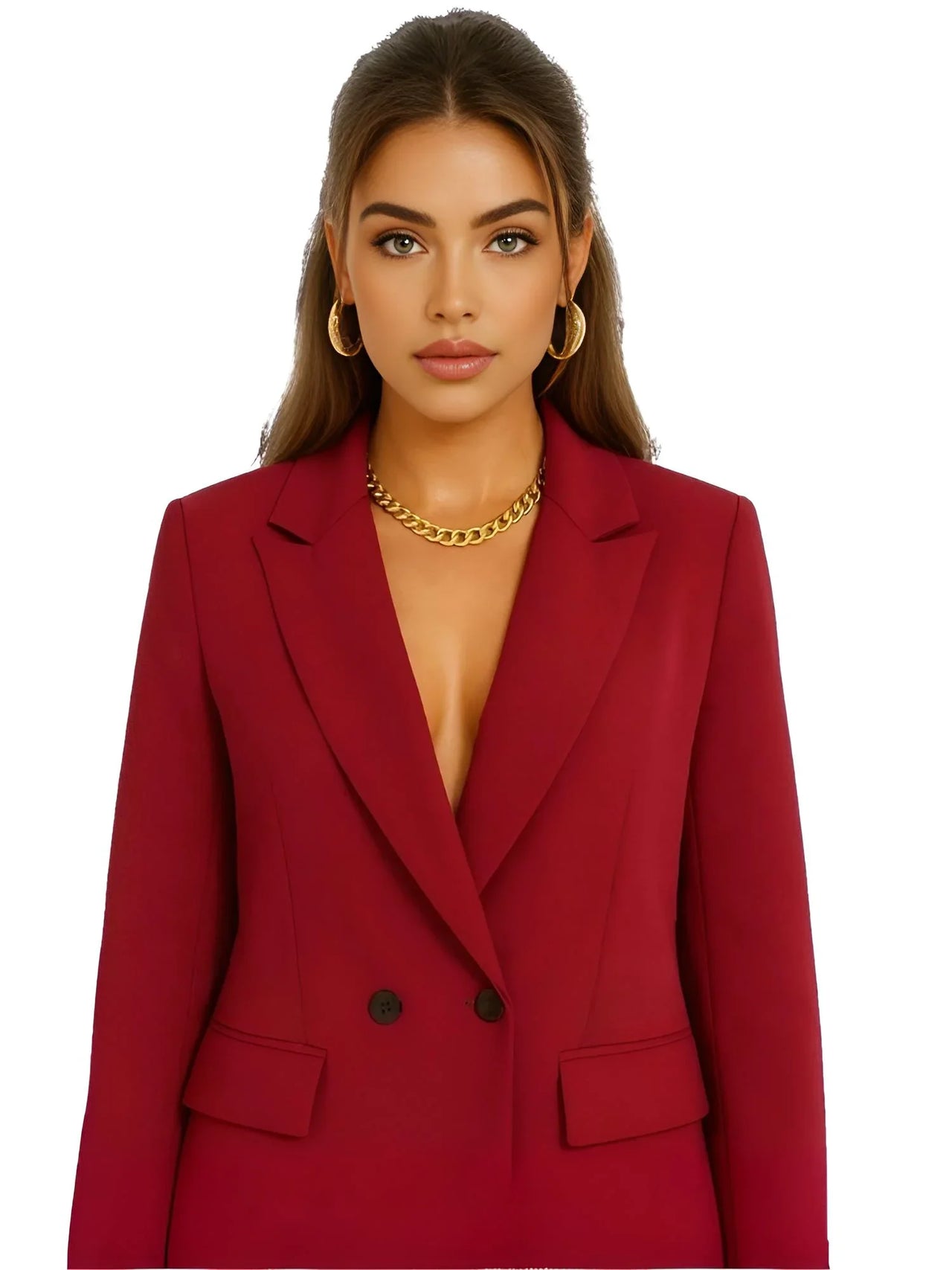 Woman wearing a wine red blazer with a gold necklace on a white background