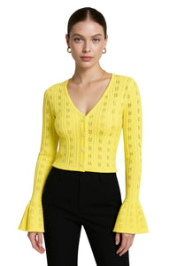 Thumbnail for Woman wearing a yellow knit top with bell sleeves on a white background
