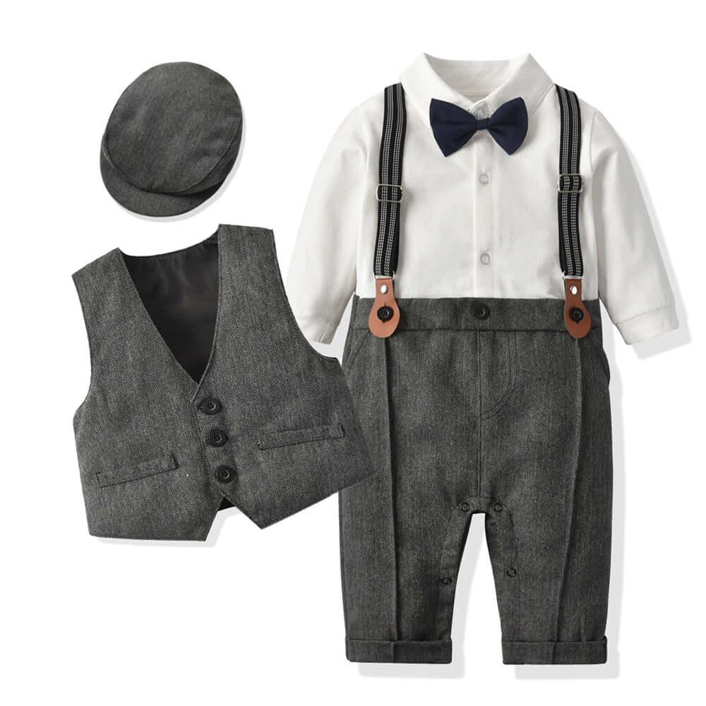 Boy Formal Set With Hat + Vest + Long Sleeve Romper -, Baby & Toddler Outfits , Drestiny , 12M, 18M, 24M, 3M, 3T, 6M, 9M, Australia, Boys, Canada, Grey, Khaki, Navy, New Zealand, Pant Sets, Red, Suits, United Kingdom, United States , Drestiny , www.shopdrestiny.com