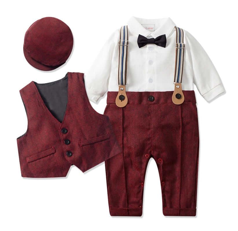 Boy Formal Set With Hat + Vest + Long Sleeve Romper -, Baby & Toddler Outfits , Drestiny , 12M, 18M, 24M, 3M, 3T, 6M, 9M, Australia, Boys, Canada, Grey, Khaki, Navy, New Zealand, Pant Sets, Red, Suits, United Kingdom, United States , Drestiny , www.shopdrestiny.com