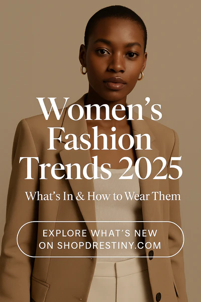 Women’s Fashion Trends 2025 banner with model in neutral blazer – ShopDrestiny.com style guide