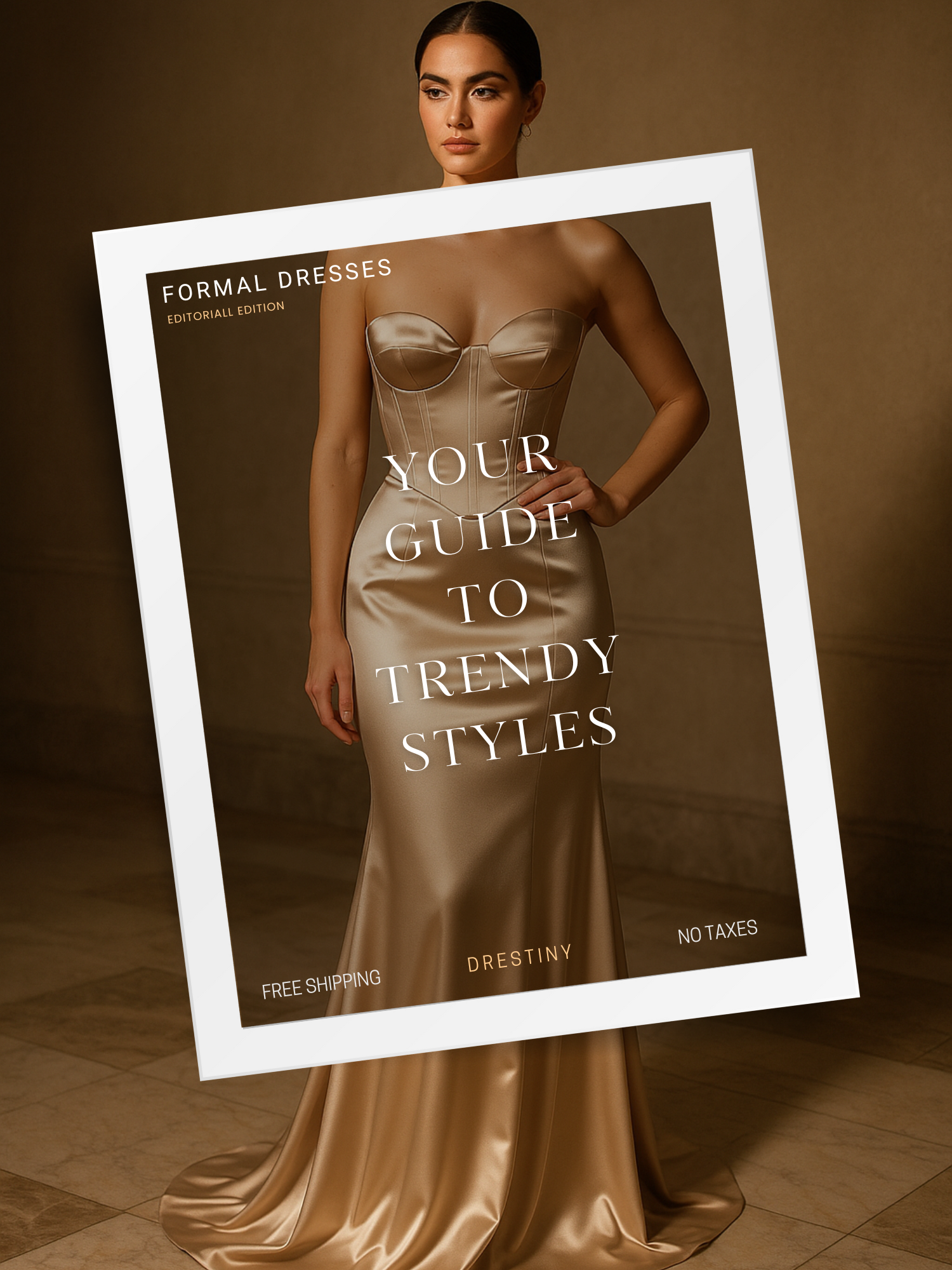 Woman in champagne satin gown representing formal dress trends 2025 at Drestiny.