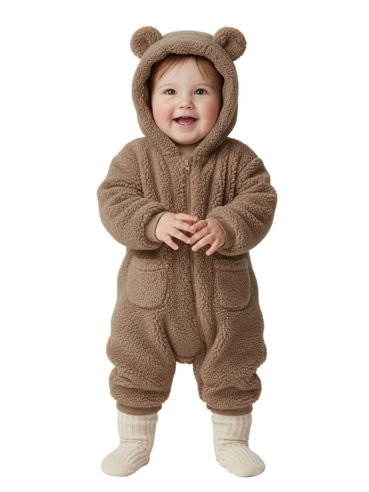Child wearing a brown bear-themed onesie on a white background