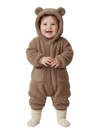 Thumbnail for Child wearing a brown bear-themed onesie on a white background