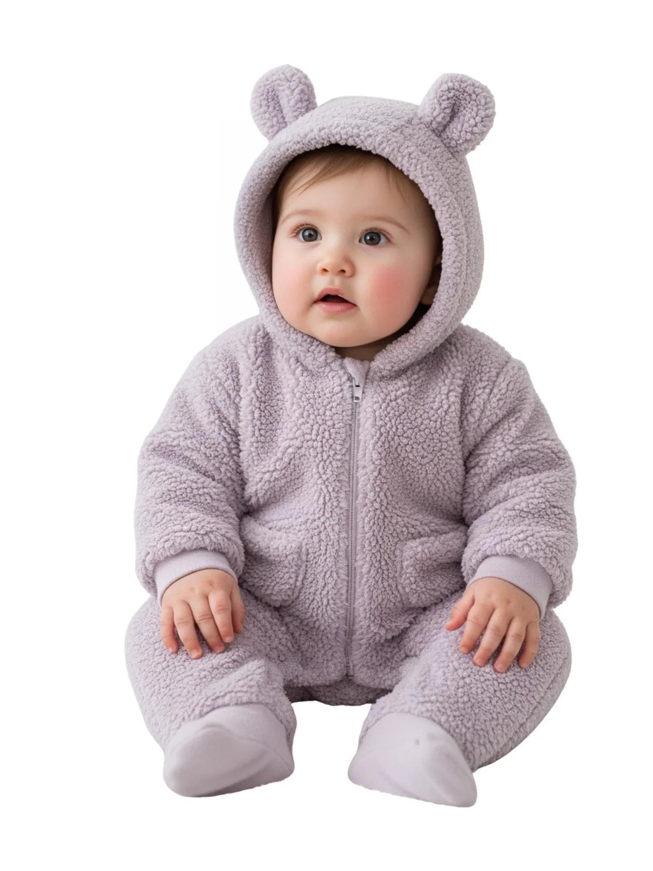 Baby wearing a purple fleece onesie with bear ears on a white background