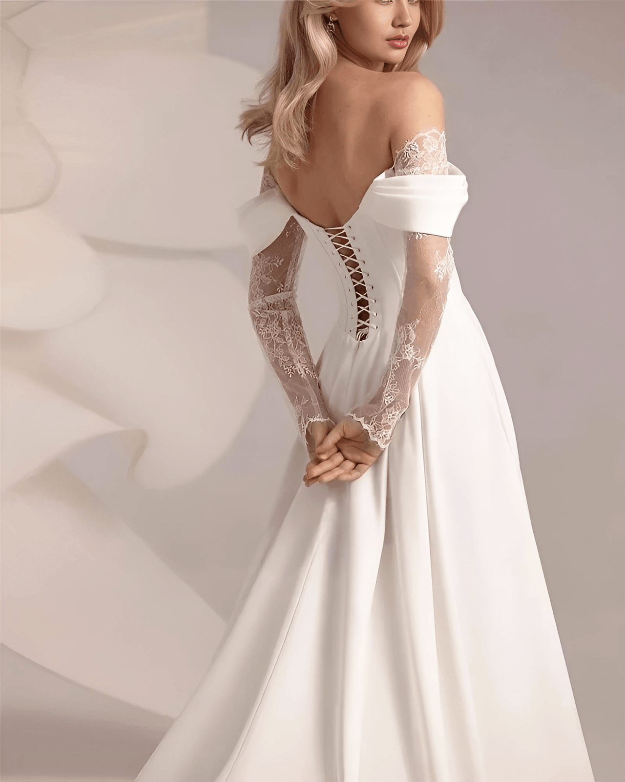 Lace Long Sleeve Semi Formal Wedding Gown Off Shoulder A-Line Bridal Gowns Backless Princess Appliqués Bride Gown Customized, Drestiny, Semi Formal Wedding Gowns, Semi-Formal Wedding Gowns, Maxi Dresses, Long Sleeves, Off Shoulder, White, Ivory, United States, USA, Canada, Australia, New Zealand, United Kingdom, UK, Custom Made, 2, 4, 6, 8, 10, 12, 14, 16, 16W, 18W, 20W, 22W, 24W, 26W, casual wedding dress, shopdrestiny.com