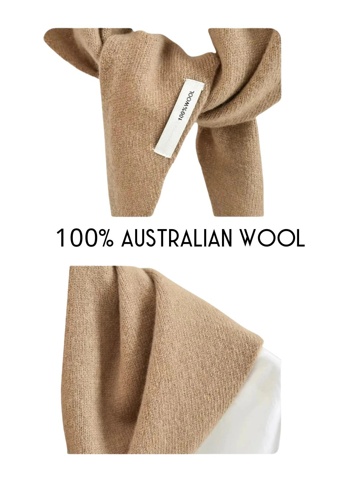 Camel colored wool scarf with a tag on a white background, labeled as 100% Australian wool.