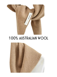 Thumbnail for Camel colored wool scarf with a tag on a white background, labeled as 100% Australian wool.