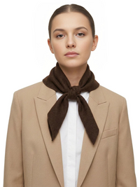 Thumbnail for Woman wearing a brown wool scarf and beige blazer on a white background