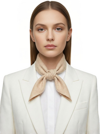Thumbnail for Woman wearing an apricot wool  scarf and white blazer on a white background
