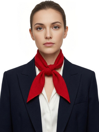 Thumbnail for Woman wearing a red wool scarf and dark blazer on a white background