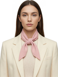 Thumbnail for Woman wearing a pink wool scarf and beige blazer on a white background
