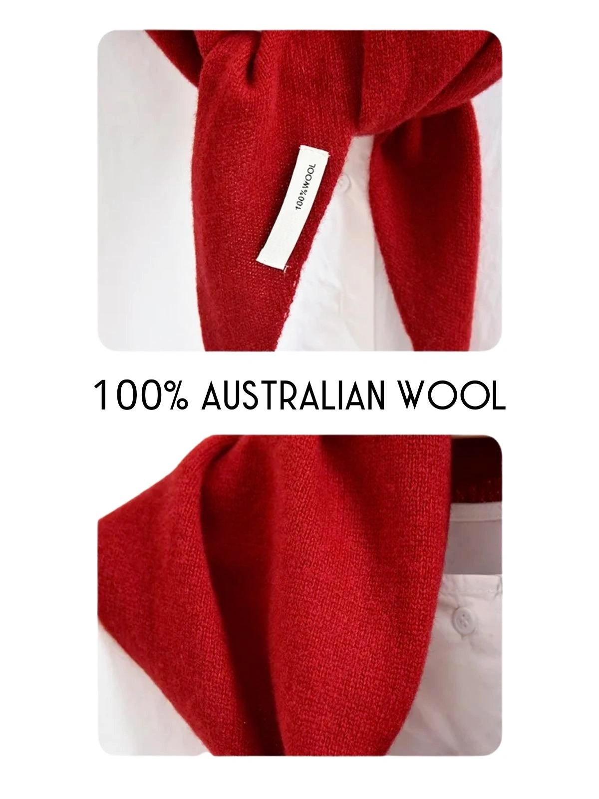 Red wool scarf and text indicating 100% Australian wool on a white background.