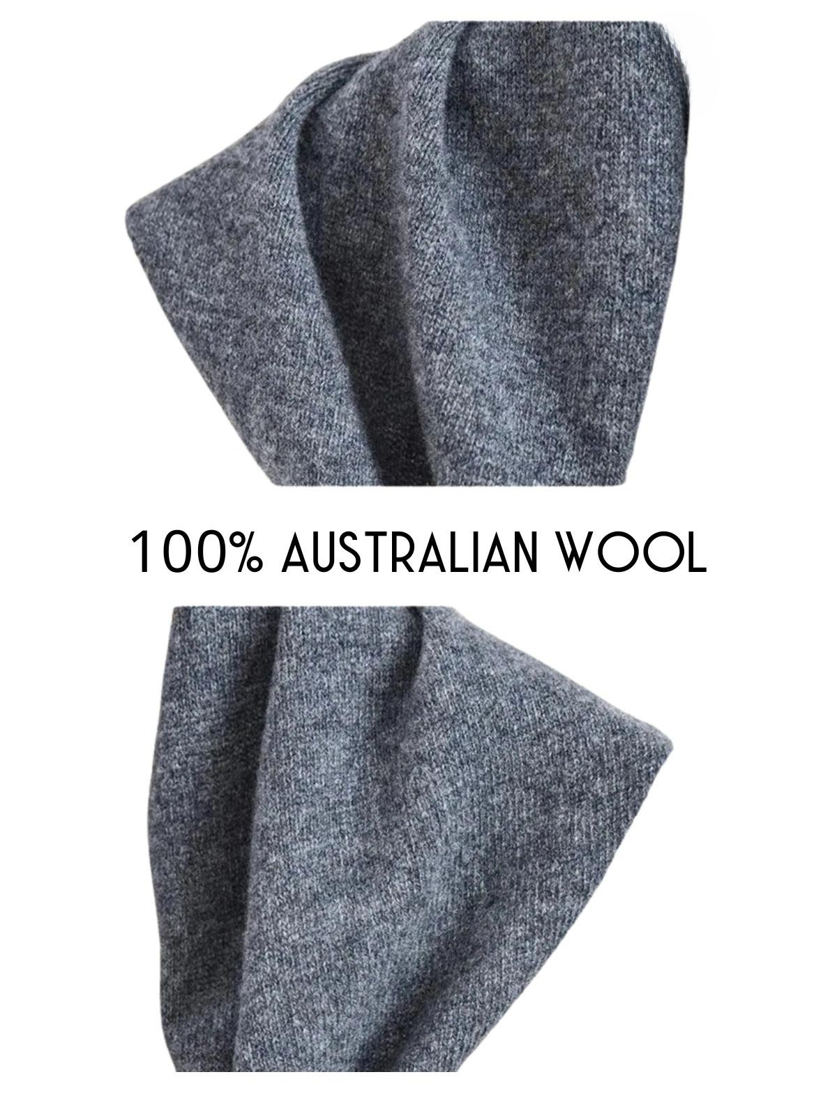 Close-up of gray wool fabric 100% Australian wool with text on a white background