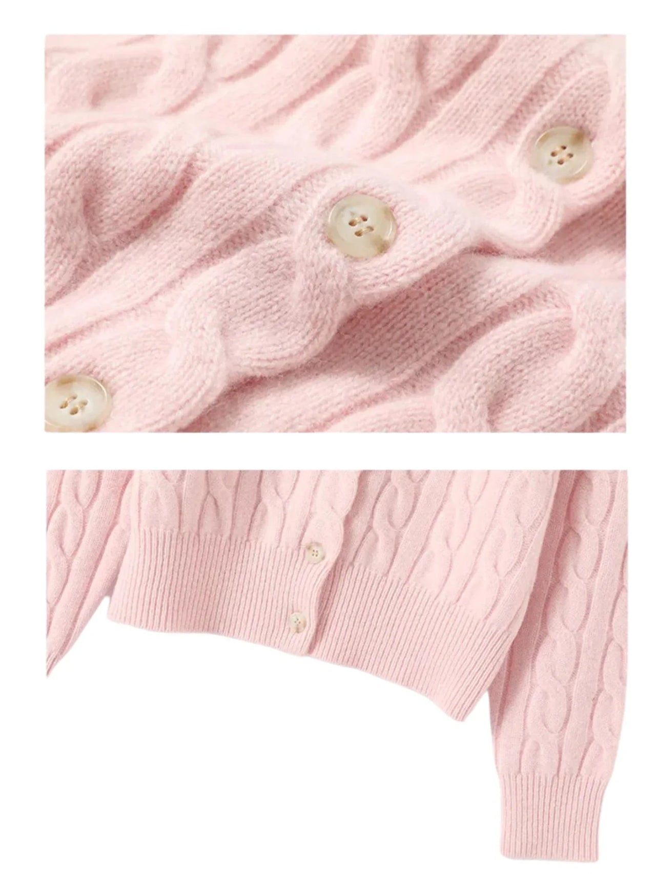 Close-up of a pink cable knit cardigan with button details on a white background