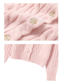 Thumbnail for Close-up of a pink cable knit cardigan with button details on a white background