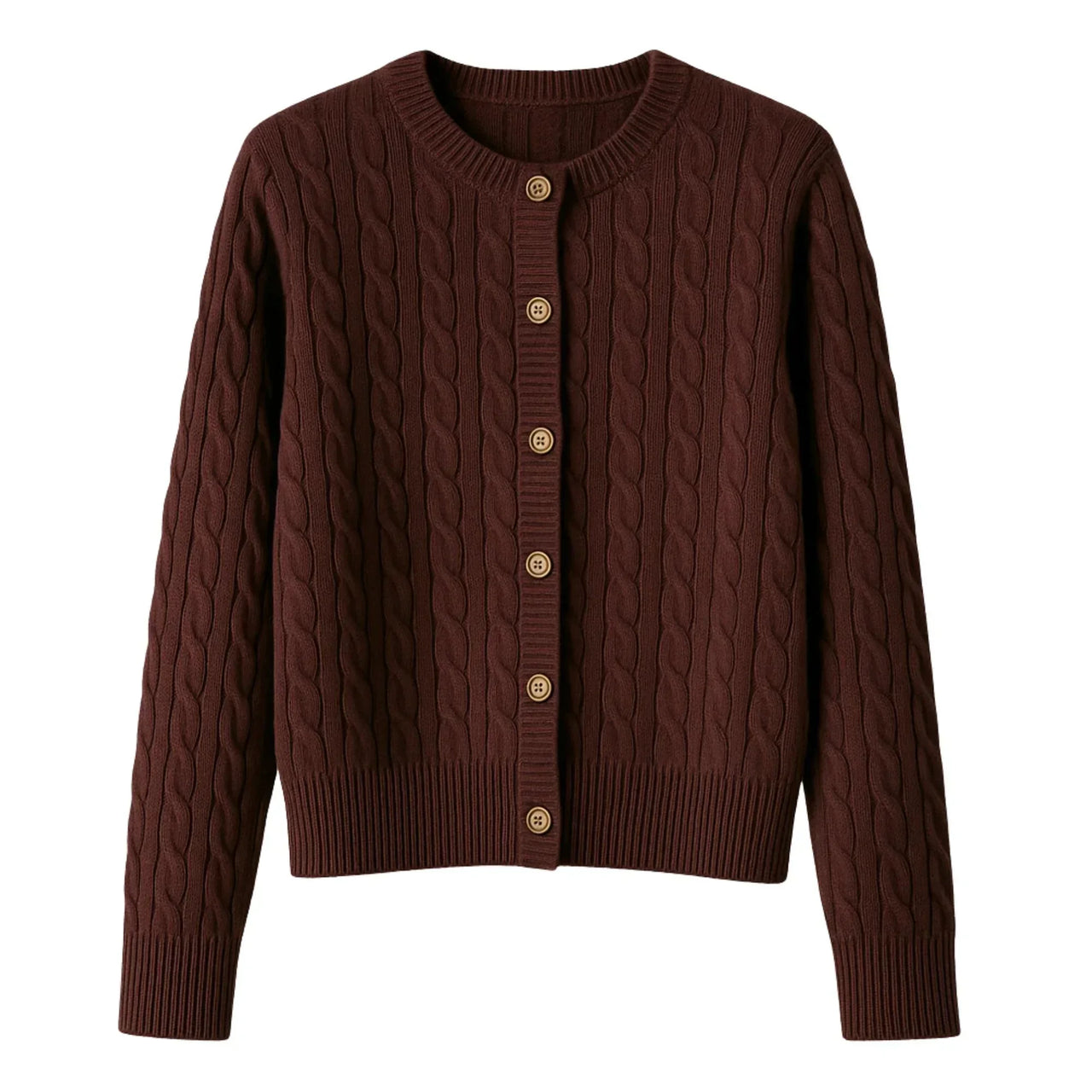 Brown cable knit cardigan with button details on a white background