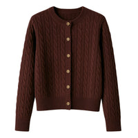 Thumbnail for Brown cable knit cardigan with button details on a white background