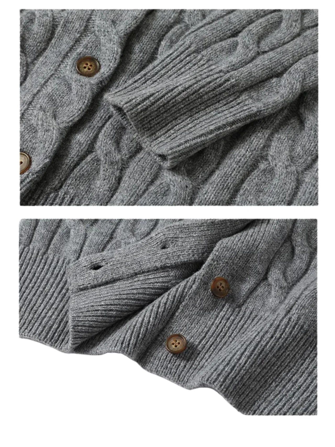 Gray cable knit cardigan with brown buttons on a white background