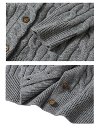 Thumbnail for Gray cable knit cardigan with brown buttons on a white background
