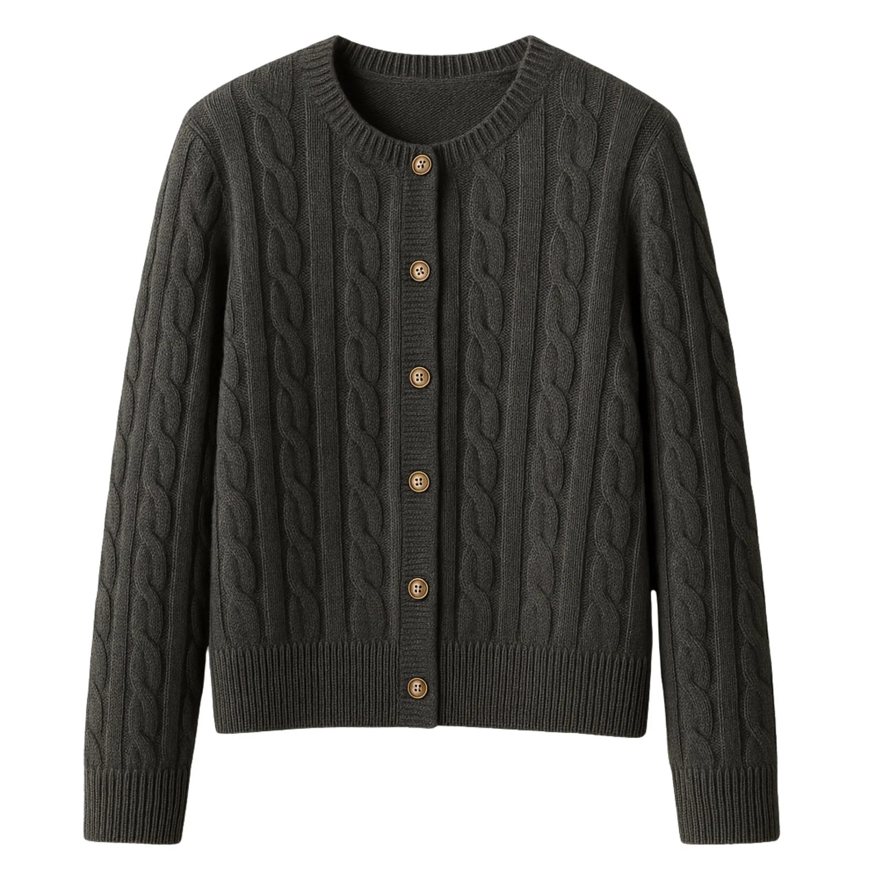 Dark grey cable knit cardigan with gold buttons on a white background