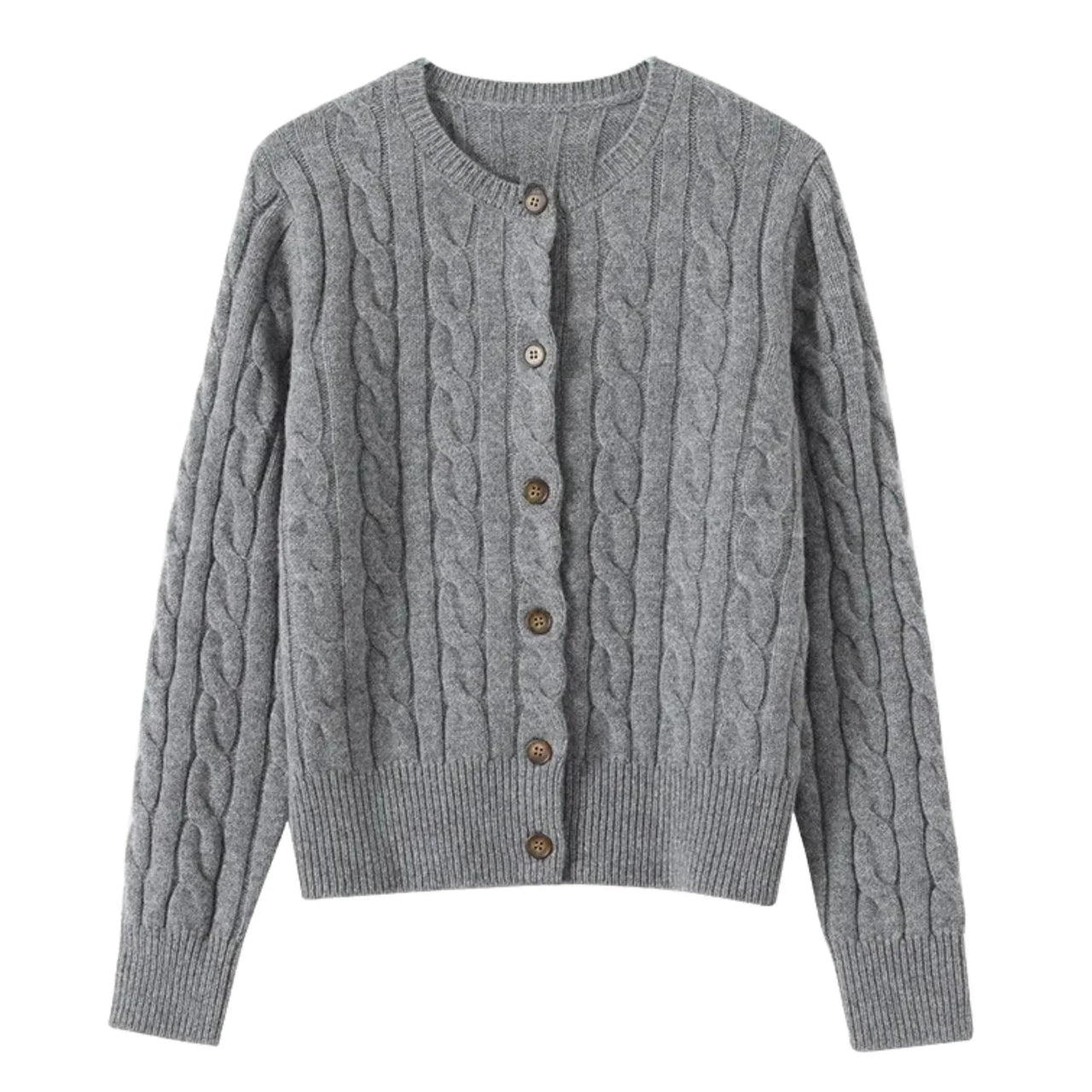 Gray cable knit cardigan with button details on a white background