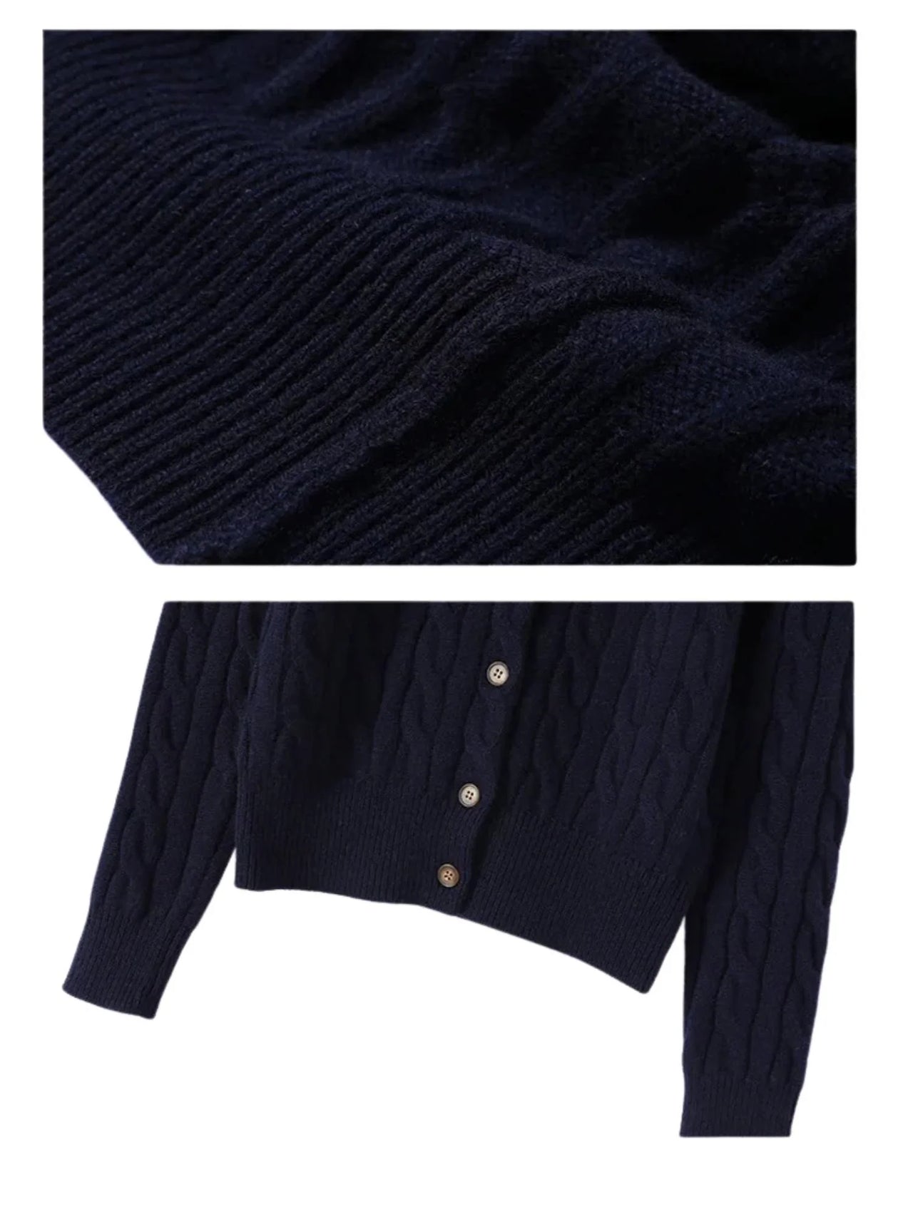 Navy blue cable knit cardigan with button details on a white background